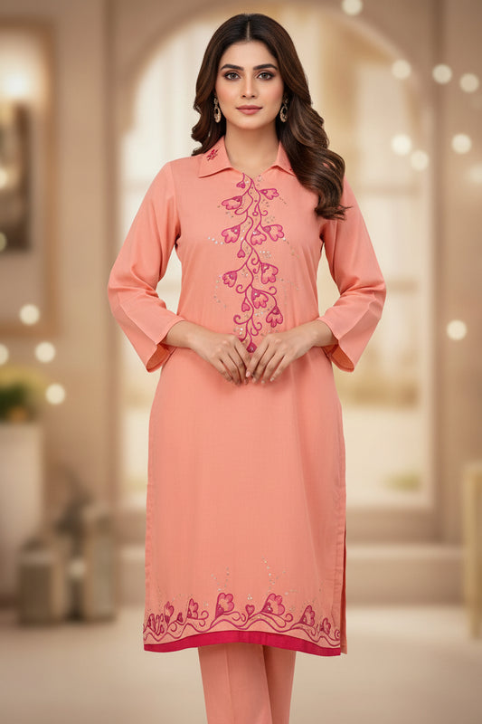 Hand Printed Peach Cotton Suit | Gelani Girls Summer Wear