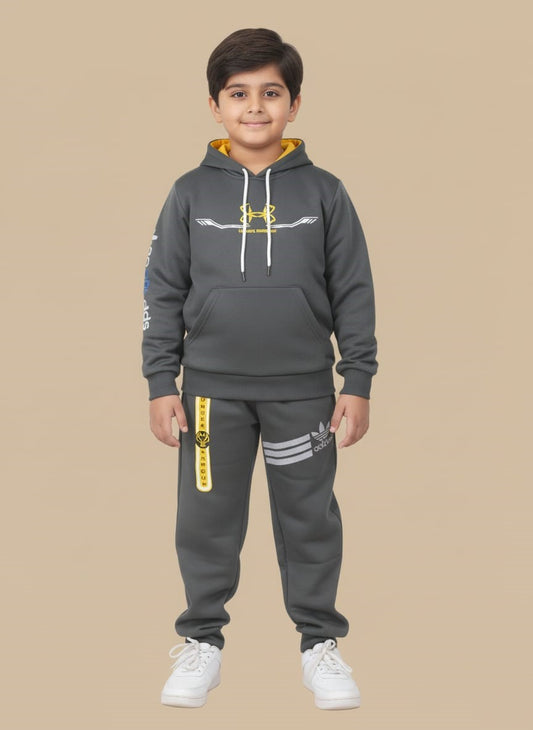 Buy Dynamic Boys Athletic Tracksuit – Grey Hoodie & Joggers with Sporty Logos | Gelani Kids Wear