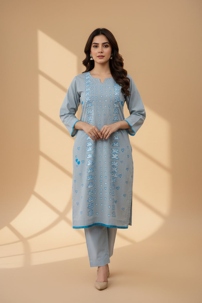 Hand Printed Gray Cotton Suit | Gelani Girls Summer Wear