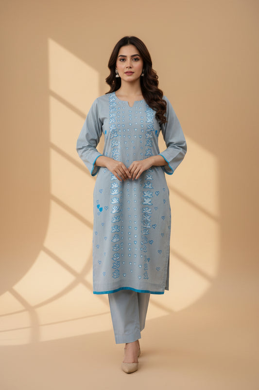 Hand Printed Gray Cotton Suit | Gelani Girls Summer Wear