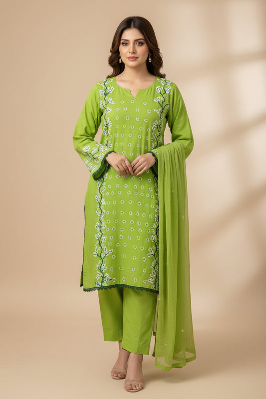 Hand Printed Parrot Green Cotton Suit | Gelani Girls Summer