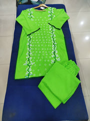 Hand Printed Parrot Green Cotton Suit | Gelani Girls Summer