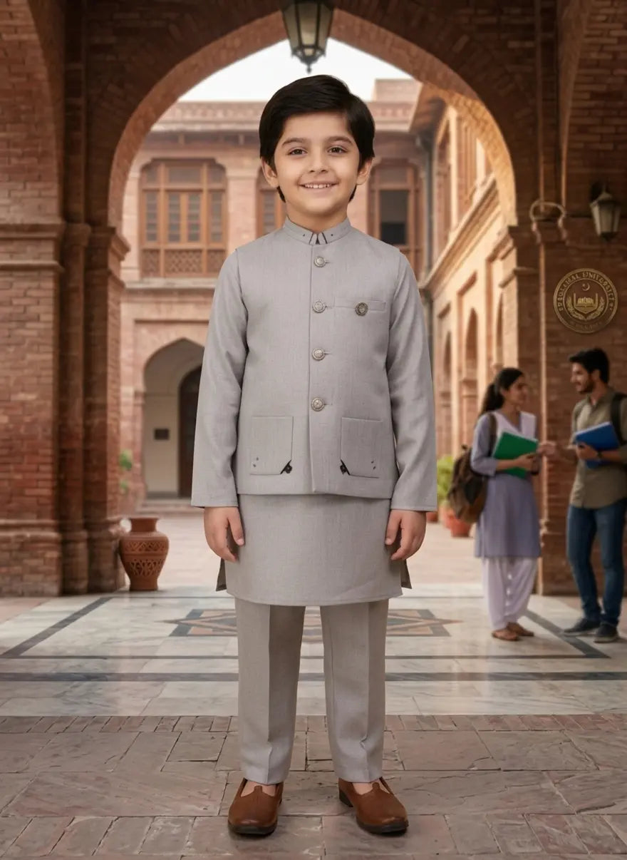 Buy Light Gray Waistcoat Suit for Boys | Gelani Summer Wear – Stylish 3-Piece Outfit