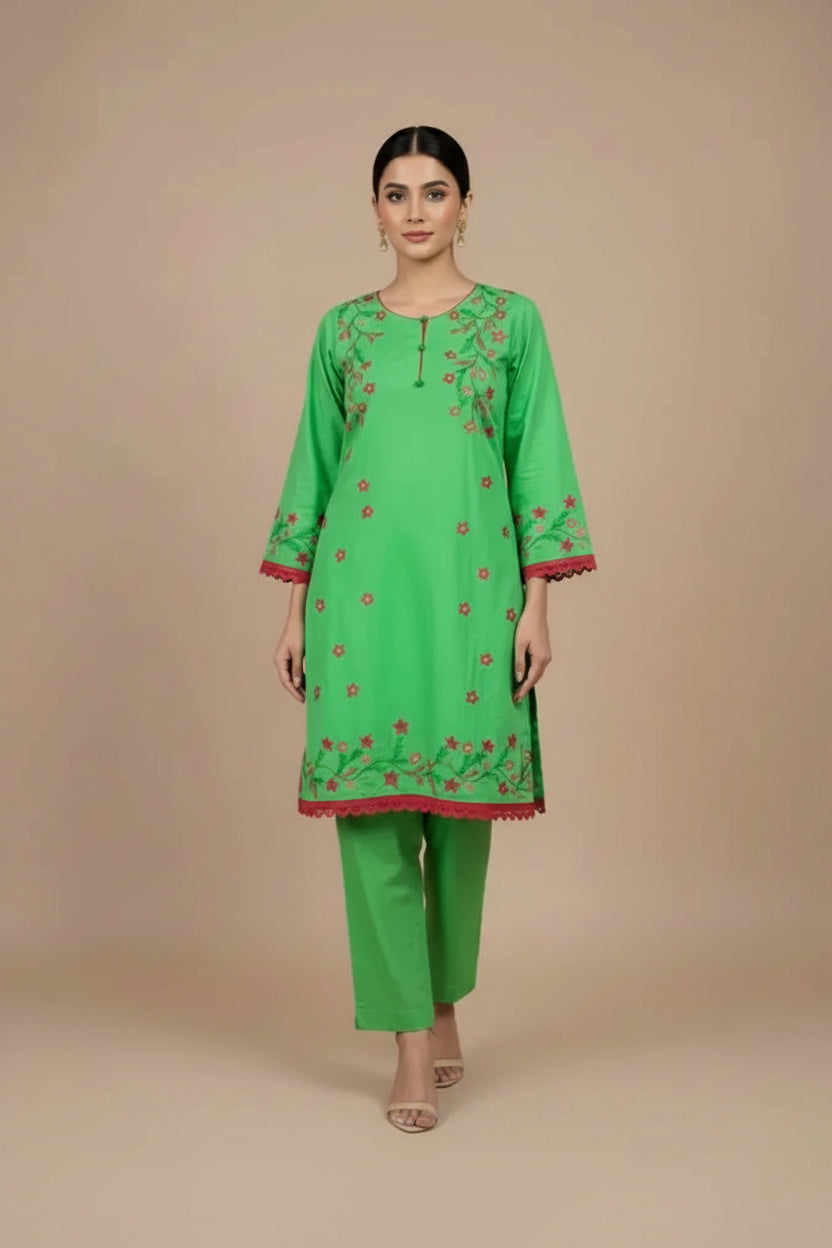 Hand Painted 2 Piece Cotton Suit – Light Green Women’s Wear